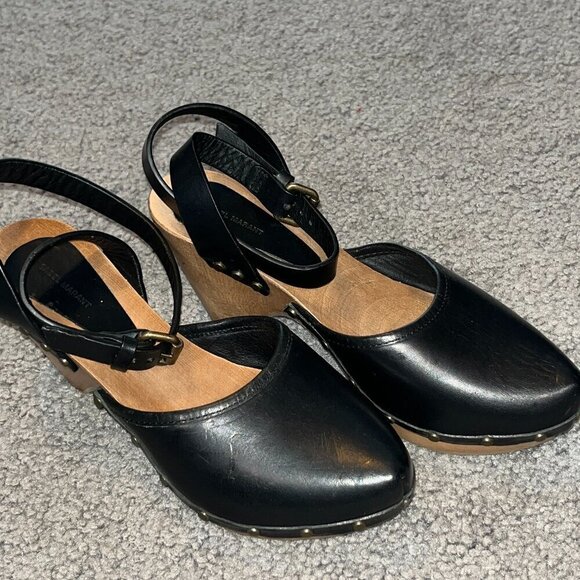 ISABEL MARANT TULKA 60 Black Leather Pointy Toe Ankle Strap Wood Clog 38= US 7.5 - Picture 1 of 13